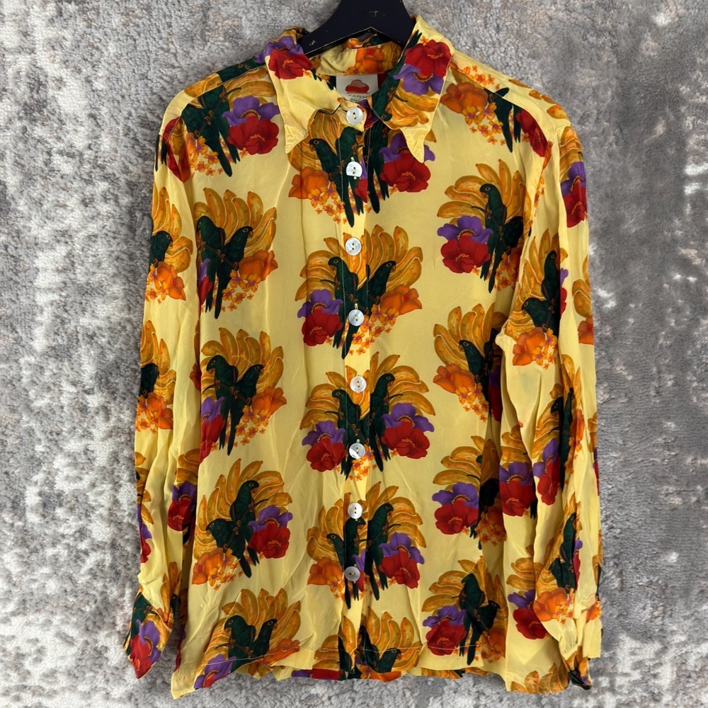 Farmrio‎ Size L Floral Bird Print Casual Button Pajama Set Top Bottom Yellow
